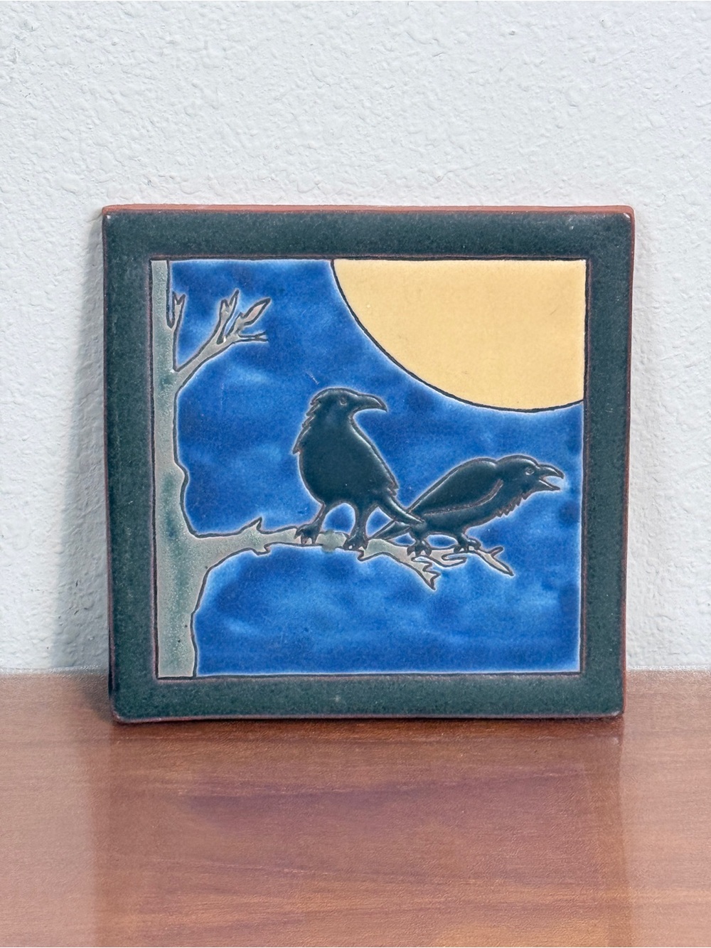 Handmade Art Ceramic Raven Tile Wall Art  Tzadi Signed Wall Hanging Decor 6x6 in